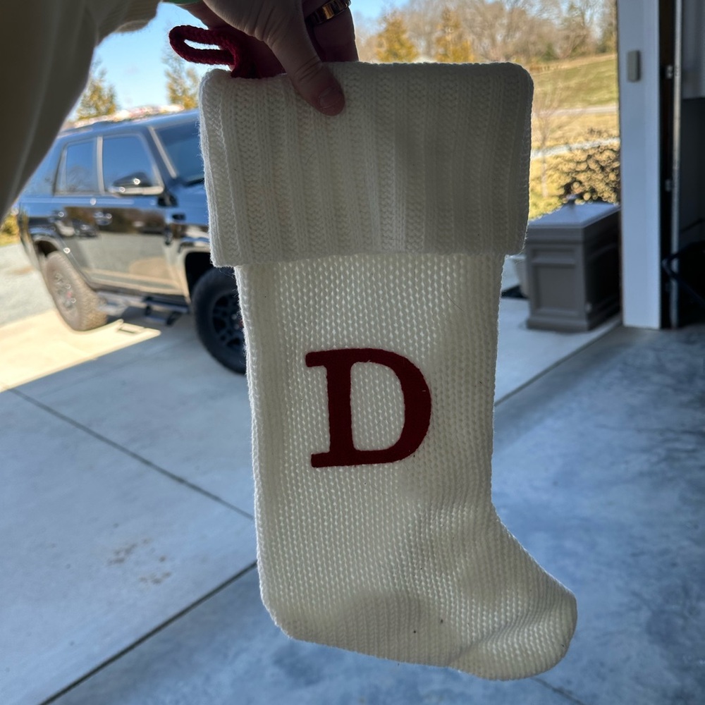 Cream Knit Christmas Stocking with Red Initial